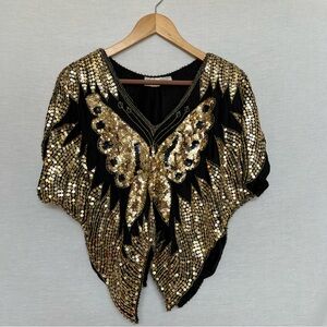 Vintage Valachi Creations Black and Gold Sequin Butterfly Silk Top